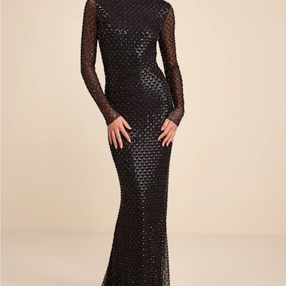 Lulu’s Jalira Black Mesh Sequin Backless Maxi Dress